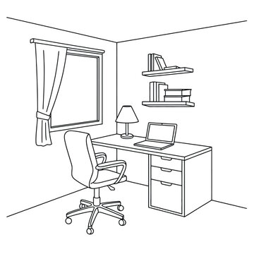 Line Drawing Home Office Workspace with Desk and Chair