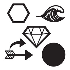 Poster - Simple black and white graphic elements including arrow wave diamond circle and hexagon