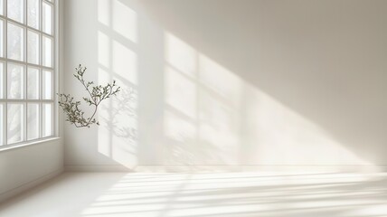 Poster - Sunlight illuminating a potted atmosphere casting shadows on a minimalist beige wall, creating a serene and calming plant,