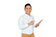 © Khoirul Mahmudin - Portrait of happy young Asian man in formal wear holding digital tablet and looking at camera with smiling face isolated on transparent background