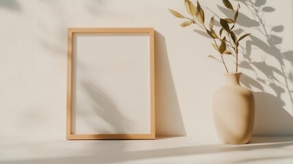 Poster - Wooden frame mockup leaning against white wall, complemented by pampas grass vase, casting soft shadows in minimalist interior design setting