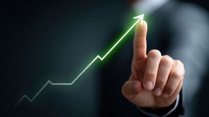 Poster - Employment Trends. Hand pointing at a rising graph, symbolizing growth and success.