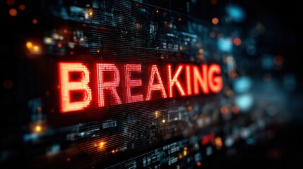 Poster - A computer screen with the word BREAKING in red letters. The image has a futuristic, high-tech look to it, with a lot of bright colors and a lot of detail. The word BREAKING is large and bold