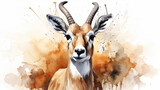 Brown antelope is a wild animal splashed with watercolor paints with a smart expressive look