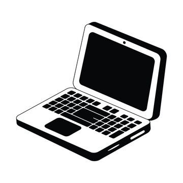 Black and white isometric illustration of a modern laptop with a blank screen on white background