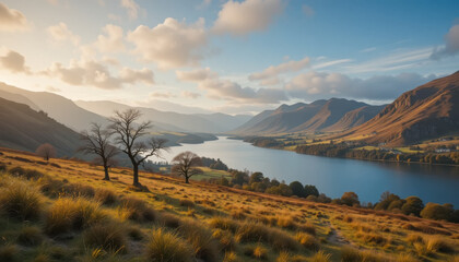Wall Mural - A tranquil lake nestled in the Lake District, bathed in the warm glow of the setting sun.  Rolling hills and sparse trees frame the serene scene.