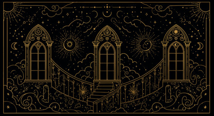 Wall Mural - mystical night sky vector illustration: celestial design for card or poster in line art style