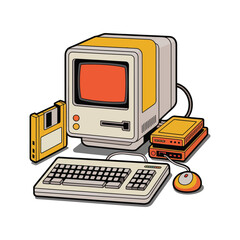 Leinwandbilder - Vintage retro computer setup with floppy disk mouse and keyboard isolated on white background