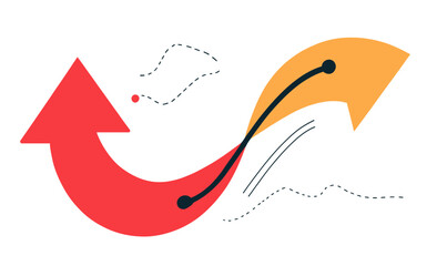 Poster - Abstract red and orange curved arrows with dotted lines and minimalist graph design elements symbolizing growth and progress concept in flat vector style
