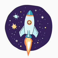 Poster - Cartoon rocket ship flying through space with planets stars and cosmic elements colorful flat minimalist vector illustration for kids science technology exploration concept
