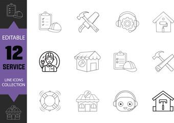 Poster - Variety style editable service line art icon illustration, Variety services line art icon of handyman, house renovation, mechanic, repair shop, crossed hammer and saw and other