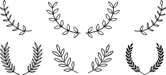 Poster - Hand drawn laurel wreaths sprigs on set of six elements leaf leaves