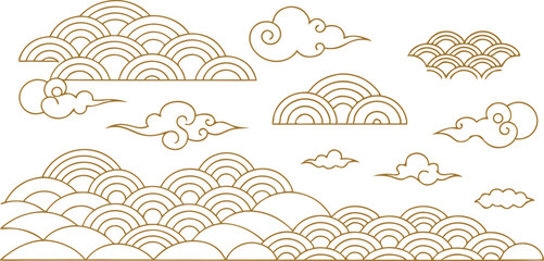 Poster - Gold outline cloud patterns wave shapes on design elements clouds waves