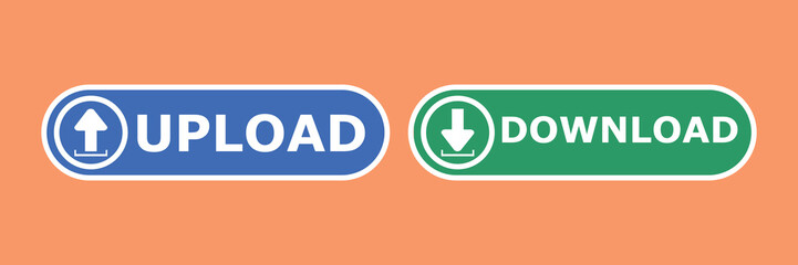 Poster - Blue Upload Button with Arrow Green Download Button with Arrow on Orange vector