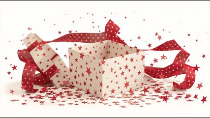 Fototapete - Gift Box With Red Bow and Stars Scattered on White Background Creates Festive Atmosphere for Special Occasions
