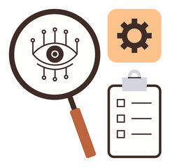 Poster - Magnifying glass focusing on an eye with circuit design, gear symbol, and checklist. Ideal for technology, innovation, vision, task management, AI, research productivity simple flat metaphor