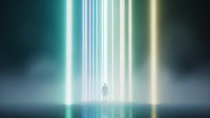 Poster - Silhouetted figure stands before vibrant, vertical neon beams in a hazy, dark environment