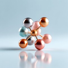Poster - Abstract Atom Model with Spheres and Connecting Rods in Metallic Shades against Pale Blue Background
