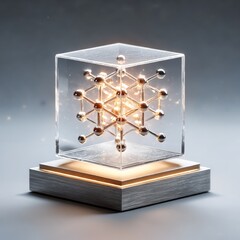 Poster - Abstract Atomic Structure in Glass Cube on Illuminated Base, Representing Scientific Innovation