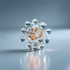 Poster - Abstract Glass Molecule Structure with Golden Reflections, Scientific Visualization on a Soft Blue Background