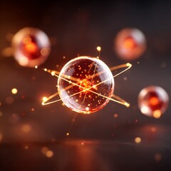 Poster - Atomic Structure: Red and Gold Spheres with Electron Orbitals Glowing in a Dark Background