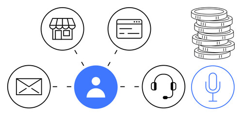 Poster - Person icon connecting to email, headphones, microphone, store, coins, and browser. Ideal for customer communication, service channels, digital support e-commerce engagement connection simple