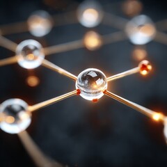 Aufkleber - Interconnected Glass Spheres: A Microscopic View of a Molecular Network with Golden Connectors and Subtle Light Effects