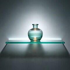 Poster - Illuminated Tranquility: A Teal Glass Bottle on a Floating Shelf with Soft, Shadowy Background
