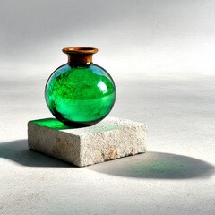 Aufkleber - Minimalist composition: Emerald glass vase on concrete block under natural light casting a shadow, creating an abstract still life.