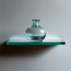Poster - Minimalist Still Life: Transparent Glass Vase on Glass Shelf Against a Plain Wall, Highlighting Light and Shadow
