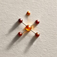 Poster - Molecular Structure Illustration with Amber and Red Spheres on a Textured Cream Background, Representing Chemical Bonding and Scientific Research