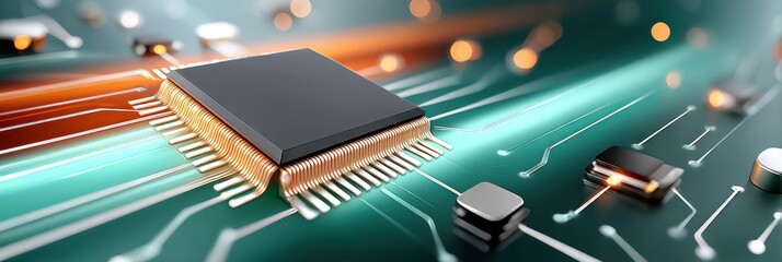Poster - Modern microchip on electronic circuit board with glowing connections and components