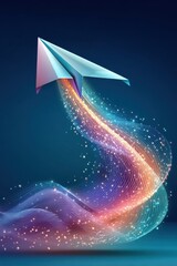 Poster - Abstract paper airplane with vivid glowing trails on dark background