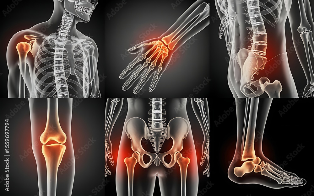 Human anatomy x ray collage showing painful joints and skeletal system ...
