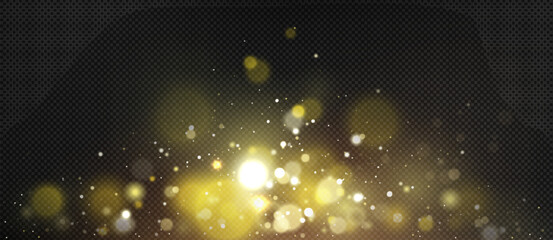 Poster - Gold bokeh light effect with glowing particles and sparkles on transparent background. Realistic bright yellow luminous circles, stars and blurred spots for holiday graphics and luxury designs.