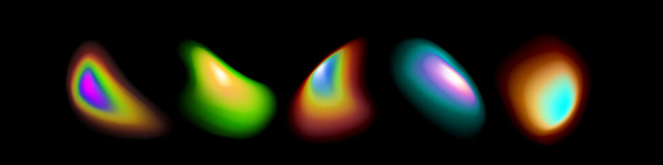 Poster - Vibrant gradient aura collection with glowing rainbow colors on black background. Realistic abstract luminous shapes in neon multicolored halos for modern digital art and futuristic designs.
