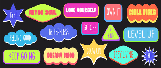 Poster - Bright y2k sticker set with motivational phrases in colorful shape bubbles. Retro soul, chill vibes, dreamy mood text badges. Nostalgic aesthetics neon graphics for positive affirmations, social media