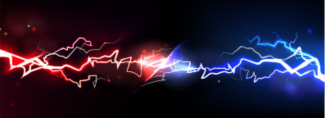 Poster - Electric vs thunder battle with red lightning bolts clashing against blue energy streams with glowing sparks. Dramatic light collision on dark bg for gaming competition, confrontation visual effect.
