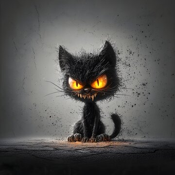 A 3D rendered image of a spooky black cat with glowing yellow eyes and an arched back set against an isolated white background