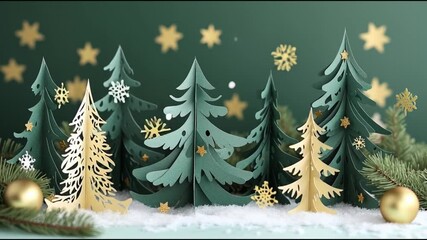 Poster - Elegant Holiday Paper Trees Create a Festive Atmosphere With Golden Decorations in a Winter Wonderland Setting