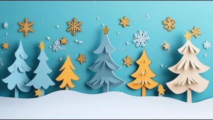 Poster - Colorful Paper Trees and Snowflakes Create a Festive Winter Scene for Holiday Decorations