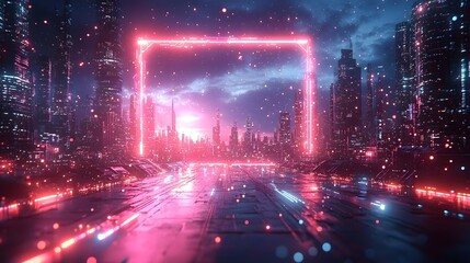 Poster - Futuristic neon frame with electric blue and purple lights creates a aesthetic