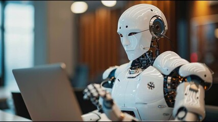 Aufkleber - Robot Interacts With Computer in Modern Workspace, Showcasing Advanced Technology and Innovation