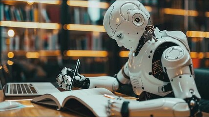 Aufkleber - Robot Studies in Modern Library Setting While Noting Important Information From a Book