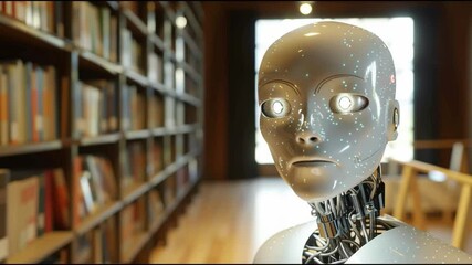 Aufkleber - Robot in a Library Explores Knowledge Through Books and Technology During a Quiet Afternoon