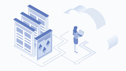 Poster - Isometric view of a woman with laptop connected to cloud and server infrastructure network design