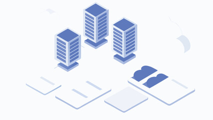 Poster - Isometric view of three server towers with cloud icons and document icons on a white background
