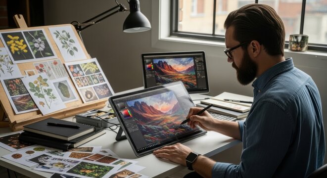 Caucasian male artist creating digital landscape art in studio