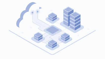 Poster - Isometric cloud computing network with servers and data processing center illustration vector