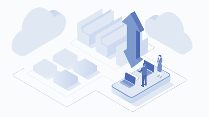 Poster - Isometric cloud computing diagram showing data transfer with people and server infrastructure present